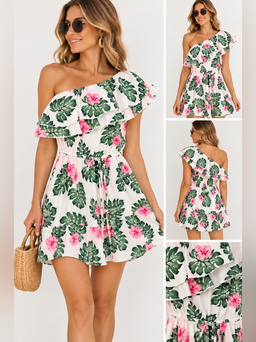 NWT Cupshe One-Shoulder Tropical Leaf & Pink Floral Dress Medium